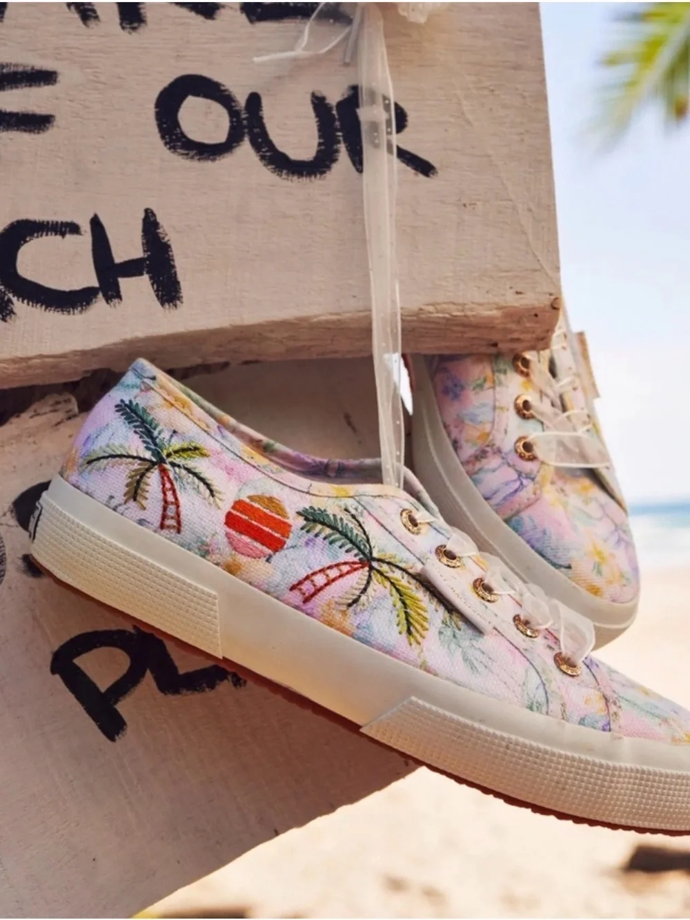Love Shack Fancy Palm-Print Canvas Sneakers - Pastel Pink/Yellow W8.5